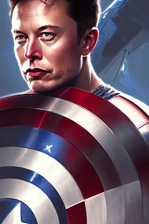 Image similar to elon musk as captain america, portrait, highly detailed, digital painting, artstation, concept art, smooth, sharp focus, illustration, cinematic lighting, art by artgerm and greg rutkowski and alphonse mucha