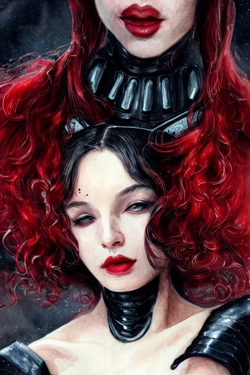 Prompt: intricate beautiful close up, watercolor illustration, beautiful vampire woman, in black and red bionic armor from the 1 7 th century, blood trails, by sezanne, by rutkowsky, by kinkade, wlop, artgerm, botticelli, matte painting, renaissance painting