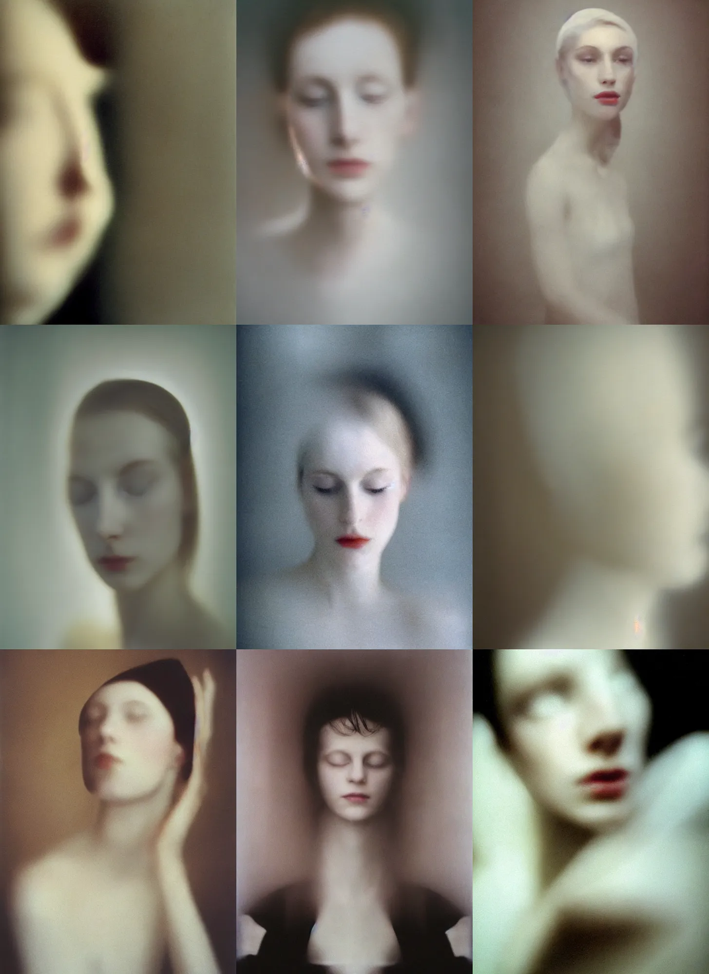 Prompt: cathodic tv screen, out of focus photorealistic portrait of a beautiful pale young woman by sarah moon, very blurry, translucent white skin, closed eyes, foggy, closeup