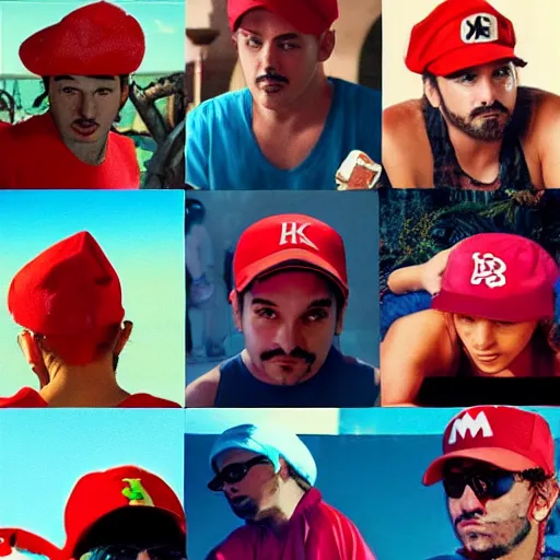 Prompt: Mario in a red hat in the style of Harmony Korine Spring Breakers spring break forever film aesthetic!!!