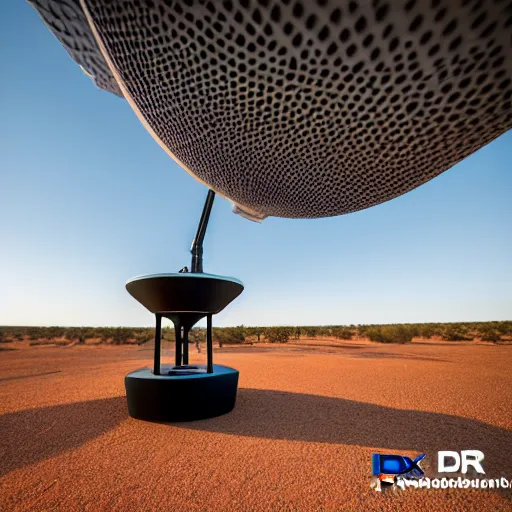 Image similar to flying robotic drone 3d printer, giant extrusion nozzle printing an earthship house frame in the australian desert, XF IQ4, 150MP, 50mm, F1.4, ISO 200, 1/160s, dawn