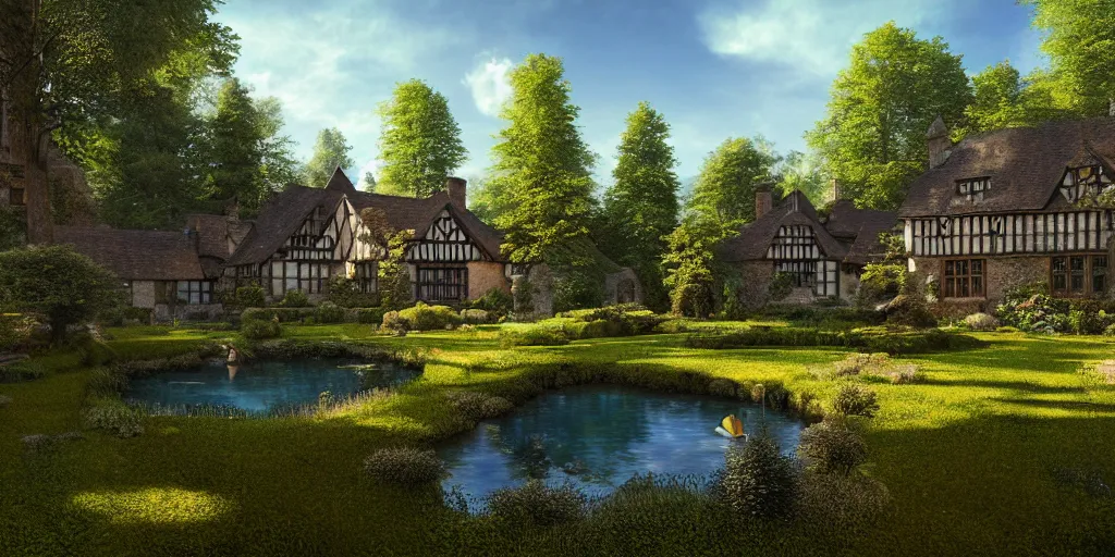 Prompt: a tudor manor house next to a pine forest, with a fishpond and courtyard, blue sky, sunny, detailed, volumetric, cinematic lighting, realistic, digital art by greg rukowski