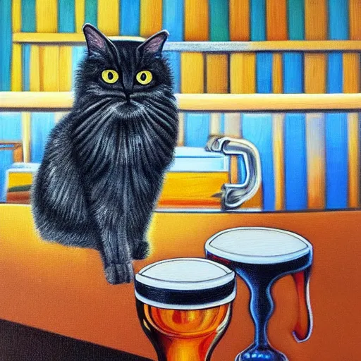 Prompt: of a british longhair cat sitting at the bar next to a beer, cinematic. intricately detailed acrylic painting