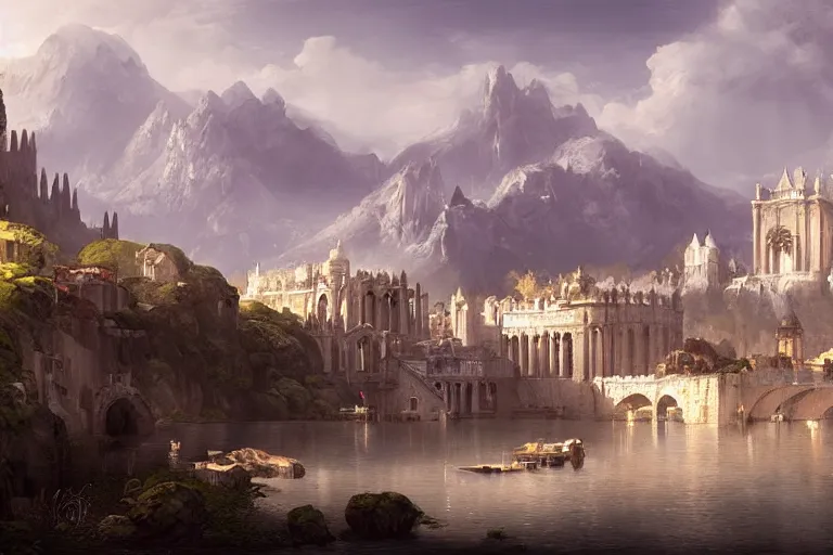 Image similar to An ancient gothic city with white buildings with mountains in the background, digital painting, soft lighting, high detail, in style of Raphael Lacoste
