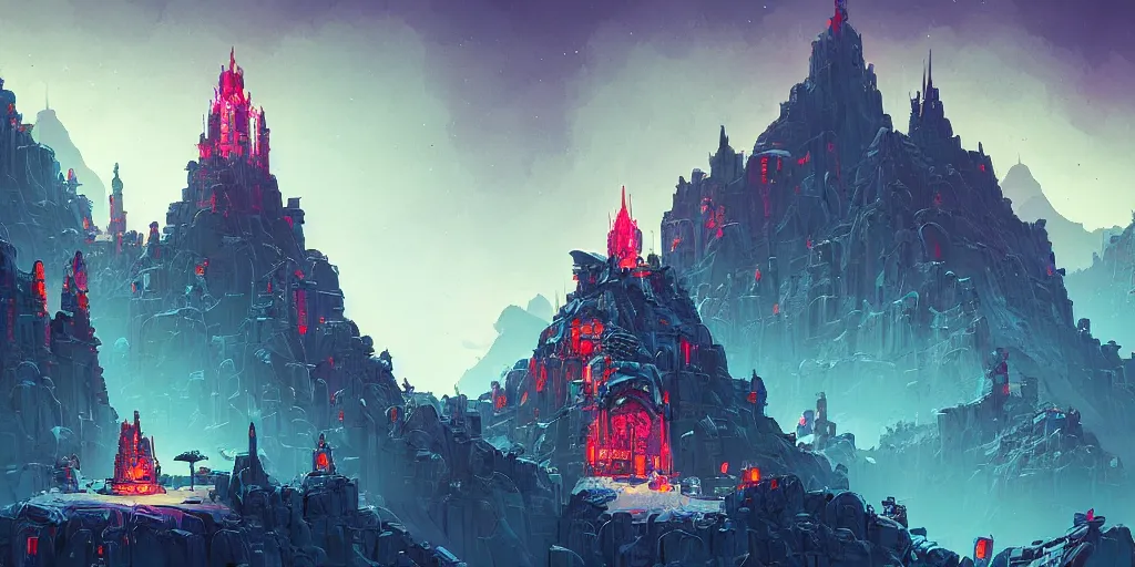 Image similar to Cyberpunk Mountain Temple, by Anton Fadeev and Joe Fenton