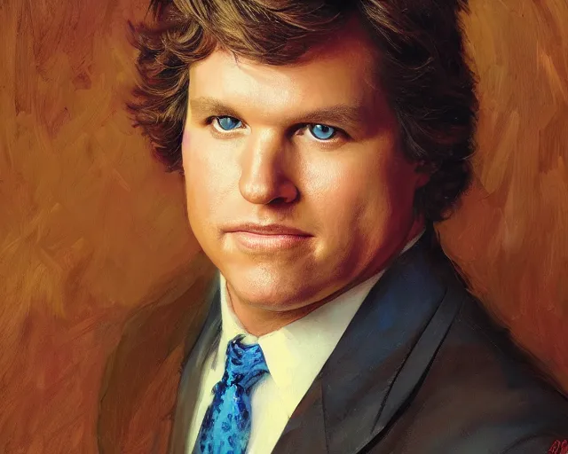 Image similar to closeup portrait of tucker carlson dressed up for fox news, highly detailed painting by gaston bussiere, craig mullins, j. c. leyendecker 8 k