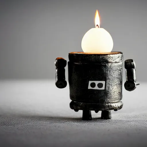 Prompt: a cute little robot sitting on a matchstick with a lit candle in the background