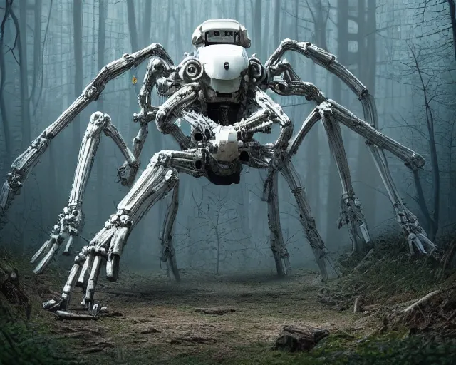 Prompt: photo of a giant huge white terminator spider with heavy duty biomechanical hydraulic cybernetic body with antennas and visor cogs and gears and components in the forest. cyberpunk horror style. highly detailed 8 k. intricate. nikon d 8 5 0 5 5 mm. award winning photography. art by zdzislaw beksinski