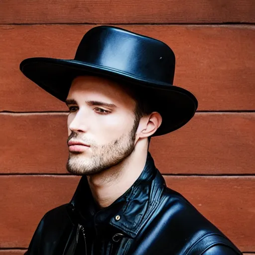 Image similar to a male model wearing a black leather hat, frontal view, cool looking