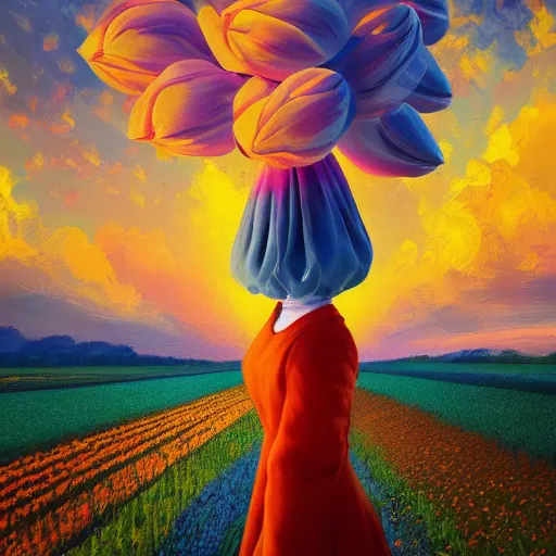 Image similar to girl with a giant tulip head, surreal photography, flower field, sunset dramatic light, impressionist painting, colorful clouds, blue sky, digital painting, artstation, simon stalenhag