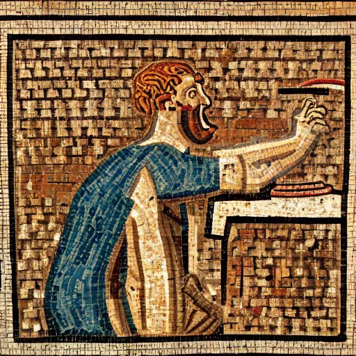 Prompt: ancient roman mosaic of a guy yelling at his computer, highly detailed, high quality, high resolution