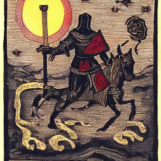Image similar to holy knight in golden armor with a runnic sword fighting demons in hell, black ground and sky, red sun and rivers of blood
