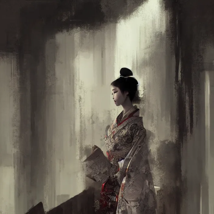 Image similar to female geisha girl, beautiful face, rule of thirds, intricate outfit, spotlight, by greg rutkowski, by jeremy mann, digital painting