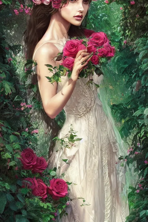 Image similar to beautiful woman in the middle of a lush garden with roses in her hair and an intricate gown, highly detailed, portrait, artstation, art by artgerm and greg rutkowski,