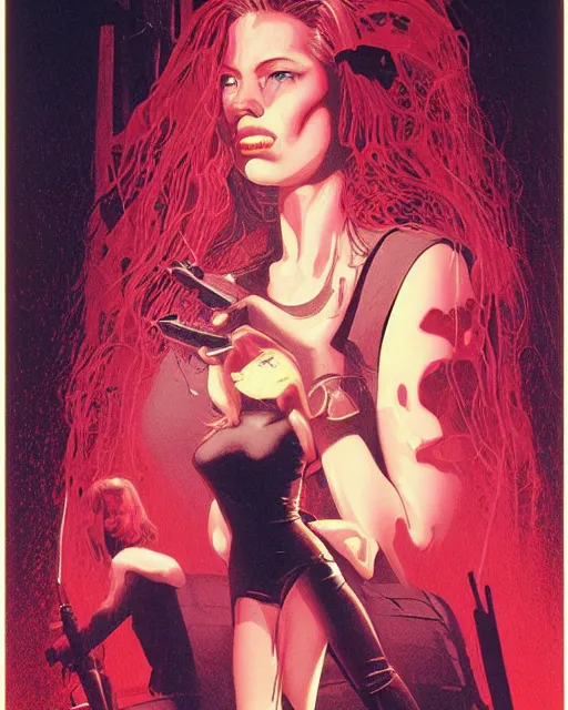 Image similar to scarlett johannson as the final girl, slasher, horror, high details, intricate details, by vincent di fate, artgerm julie bell beeple, 1 9 9 0 s, inking, vintage 9 0 s print, screen print