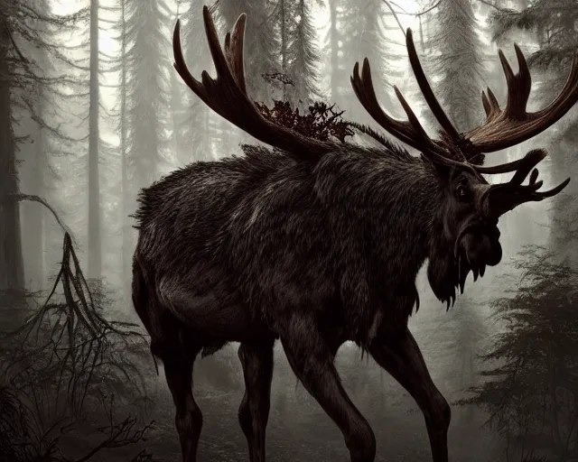 Image similar to 5 5 mm portrait photo of an armored demonic undead rotting moose with antlers, in a magical forest looking at the camera. dark atmosphere. art by greg rutkowski and luis royo. highly detailed 8 k. intricate. lifelike. soft light. nikon d 8 5 0.