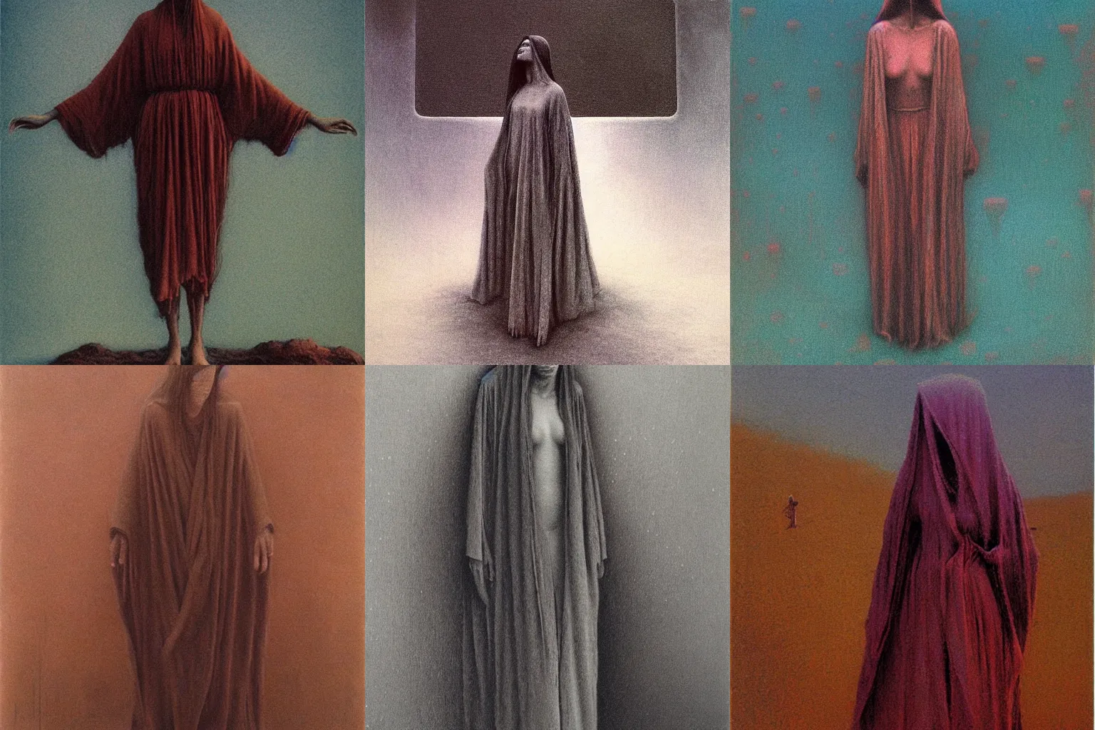Prompt: full body portrait of female in robe by Beksinski