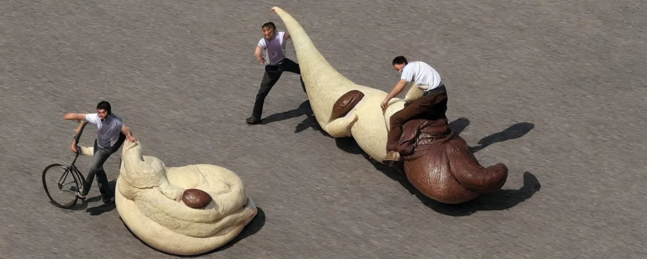 Image similar to a man riding a giant slug like its a horse