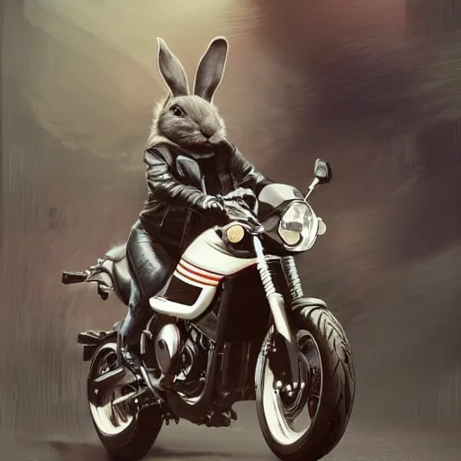 Image similar to a bunny wearing a leather jacket, riding a suzuki dr 6 0 0 motorcycle, sporty, highly detailed, digital painting, artstation, concept art, matte, sharp focus, highly detailed, 4 k, hdr, smooth, sharp focus, high resolution, award - winning photo, photorealistic, art by artgerm and greg rutkowski and alphonse mucha, large shot