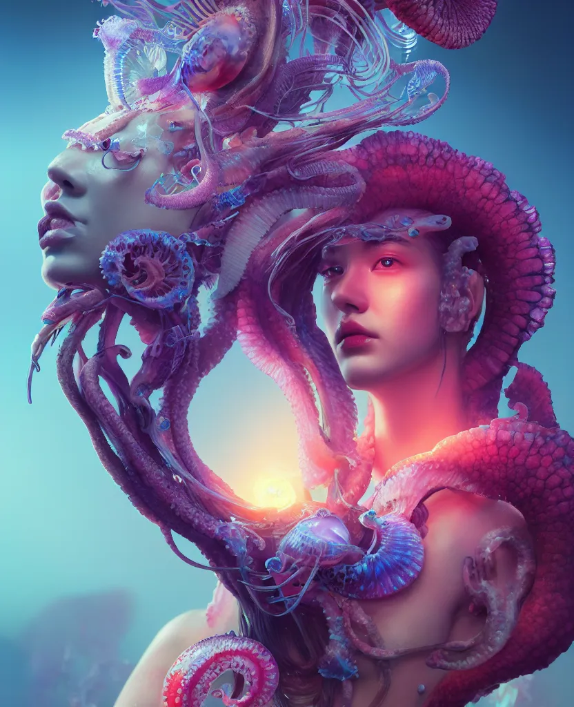 Image similar to goddess close - up portrait, ram skull, squid phoenix jellyfish, orchid, betta fish, bioluminiscent, intricate artwork by tooth wu and wlop and beeple. octane render, trending on artstation, greg rutkowski very coherent symmetrical artwork. cinematic, hyper realism, high detail, octane render, 8 k