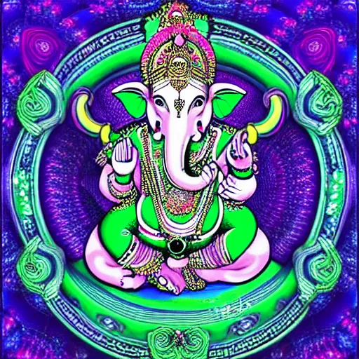 Prompt: hindu god ganesha, dmt trip, psychedelic, fractal patterns, centered, symmetrical, vivid colors, detailed