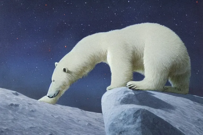 Image similar to a polar bear sitting on the moon by barclay shaw, portrait,