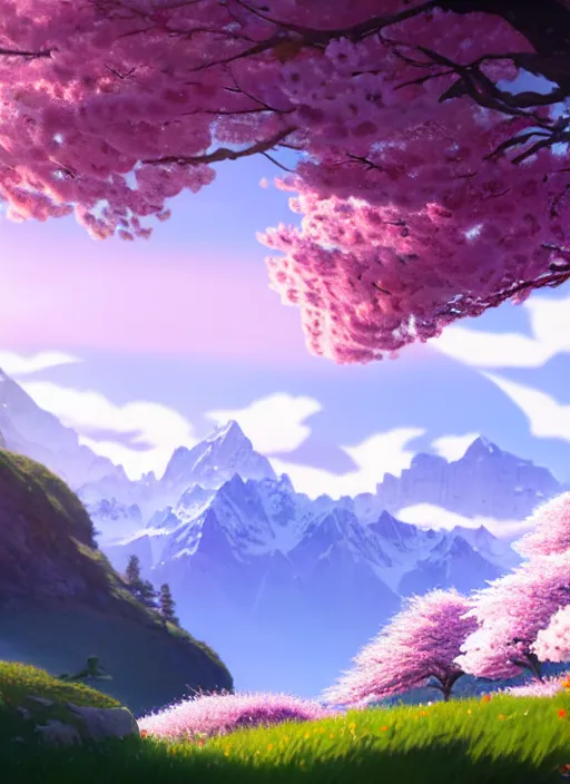 Image similar to a wholesome animation key shot, swiss alps peaks in the background, cherry blossoms in the foreground, studio ghibli, pixar and disney animation, sharp, rendered in unreal engine 5, anime key art by greg rutkowski, bloom, dramatic lighting