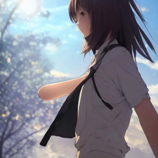 Image similar to a girl is running, sport clothing, kaze ga tsuyoku fuiteiru, anime style, brown short hair, hair down, symmetrical facial features, from arknights, hyper realistic, rule of thirds, extreme detail, detailed 4 k drawing, trending pixiv, realistic lighting, by alphonse mucha, greg rutkowski, backlit