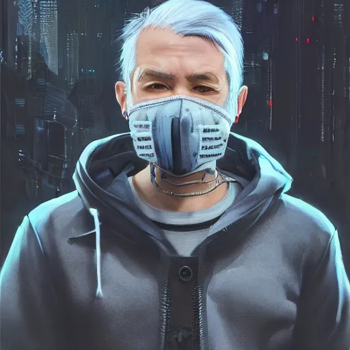 Image similar to very cool man grey hair with piercing, face mask, 3 d, streetwear, techwear, cyberpunk style outfit, full body, realosm, detailed portrait, intricate complexity, by greg rutkowski, cushart krentz, artgerm, ross tran, conrad roset, takato yomamoto, ilya kuvshinov. 4 k, cinematic, atmosphere