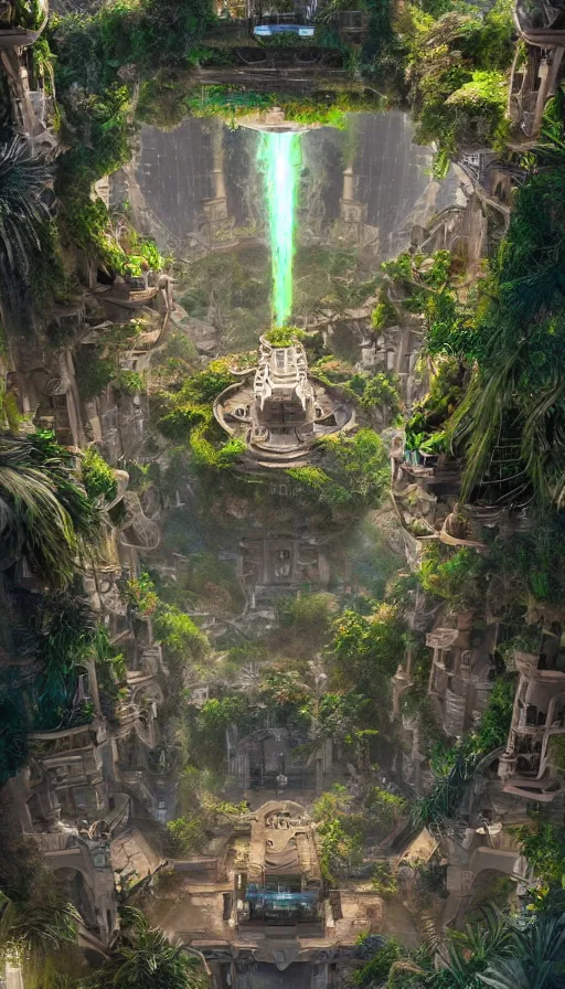 Image similar to a futuristic Hanging Gardens of Babylon with a future scifi ancient god on the middle holding a portal that's about to explode, sweat drops, insane, intricate, highly detailed, oil painting, smooth, sharp focus, Unreal Engine 5, 8K, art by Diego Velázquez