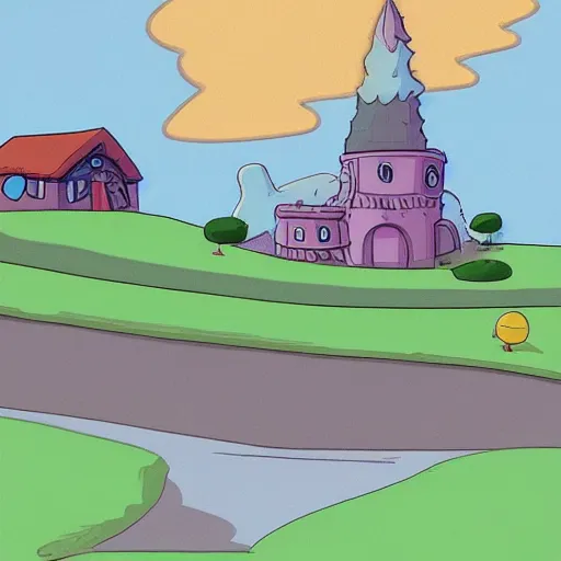 Image similar to hill with house, adventure time cartoon, adventure time style, adventure time by adam muto