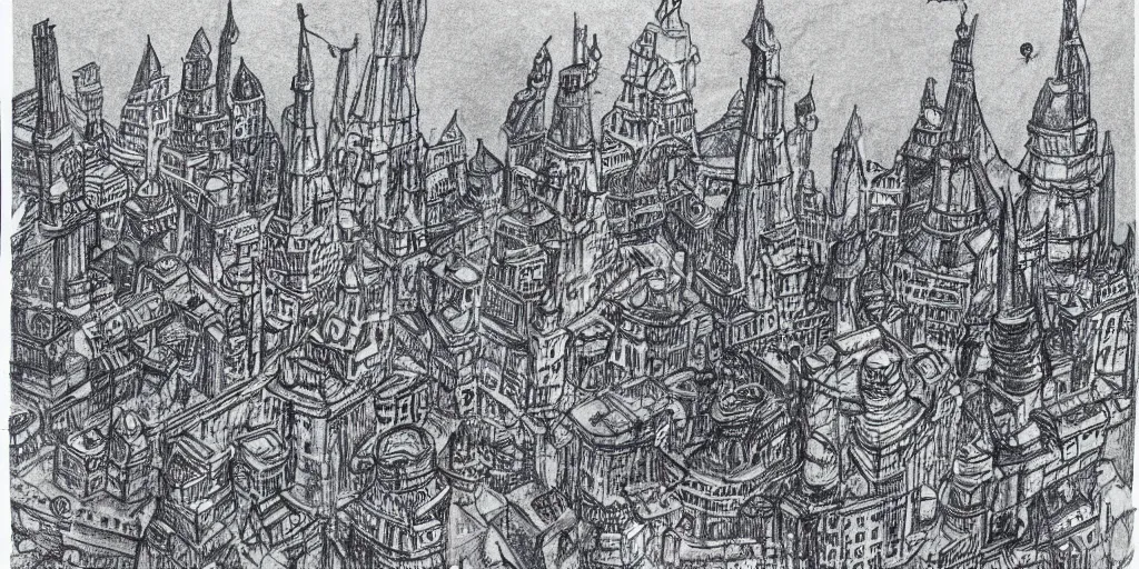 Image similar to Blue ballpoint pen drawing of a concept art of a stone town in orbit around a tower with amazing details by Maurice Sendak.