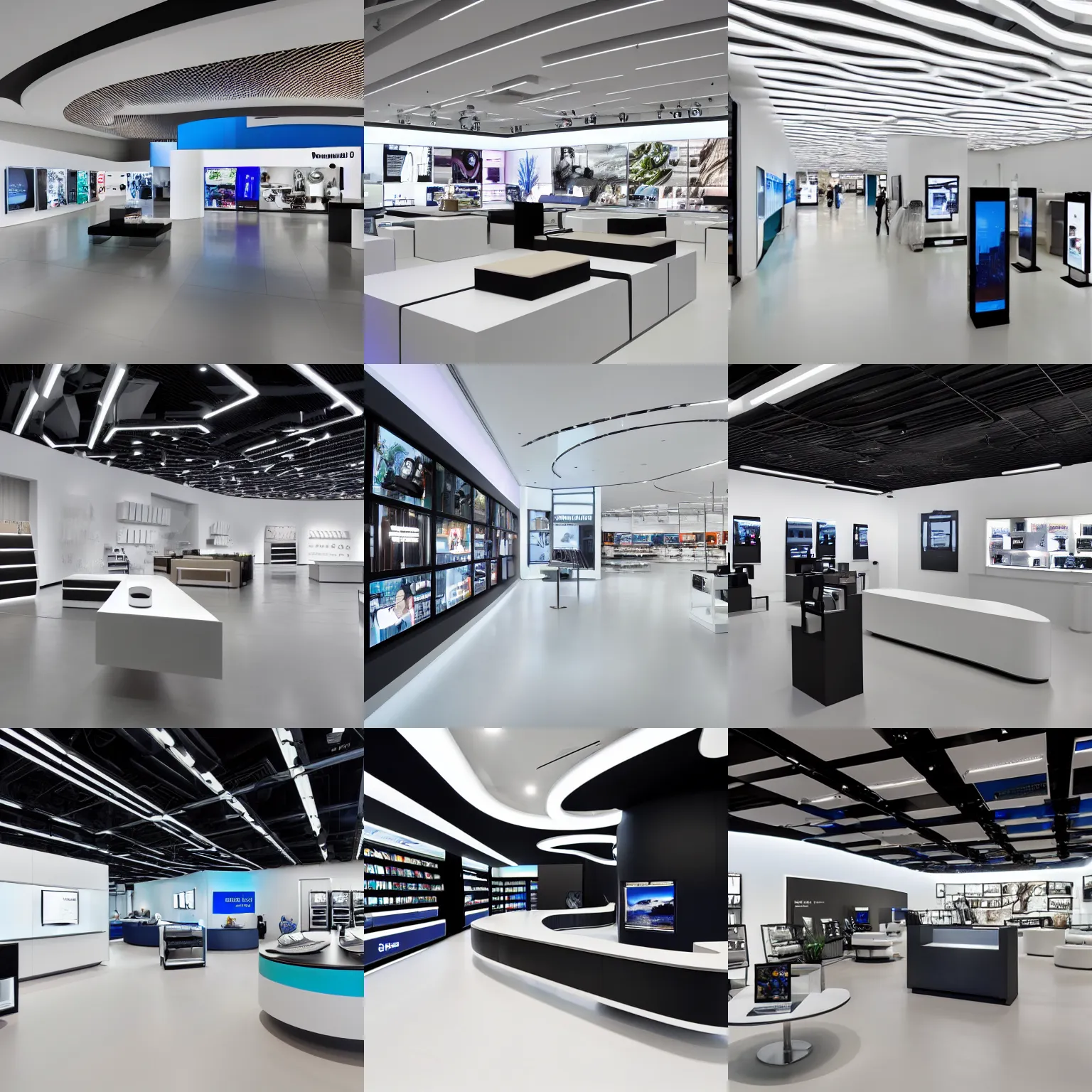 Prompt: hyperdetailed samsung store, polished concrete, white walls, digital screens, curved furniture, plants.