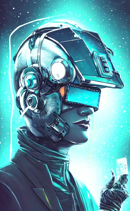 Prompt: wearing the cyberpunk vr helmet of the northern star, fashion, fancy suit, cosmic nova, expensive clothing, professional, teal helmet, illustration, style of yoshitaka amano, illustration, artstation, pixiv