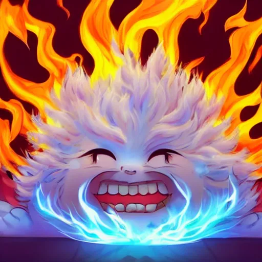 Image similar to fluffy popcorn hit by lightning, elemental spirit, in the style of a manga character, with a smiling face and flames for hair, sitting on a lotus flower, white background, simple, clean composition, symmetrical