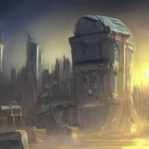 Image similar to old building in a futuristic city, sunny day, concept art, digital painting,