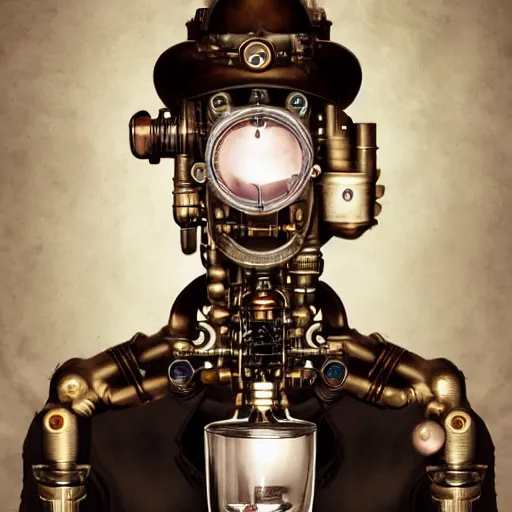 Prompt: a beautiful intricate fine art portrait photo of a mechanical industrial steampunk cybernetic sommelier holding a glass of wine, by tom bagshaw and zach sutton, perfection!, milk bath photography, studio lighting, 35mm lens, very detailed, bionic, cybernetic scifi, deep depth of field, artstation, 8K, highly coherent
