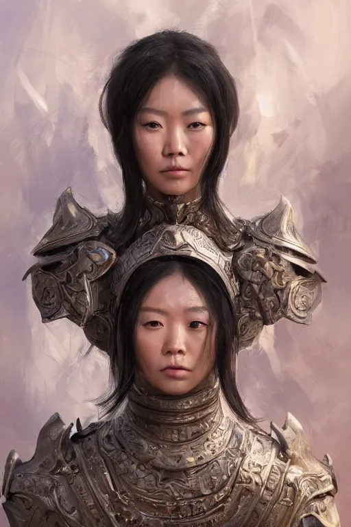 Image similar to Art station concept of Asian woman, fair skin, big eyes, long black hair, no bangs, wearing sculpted textured armor, closes her eye, battle damage, intricate complexity, close-up of the front of the face, resolute expression, back lighting, 4K resolution, symmetric, clear facial features, by Ruan Jia and Mandy Jurgens and William-Adolphe Bouguereau, Karol Bak, smooth, sharp focus, rich deep colors, Unreal Engine 5, digital render, intricate, ultra realistic, concept art,