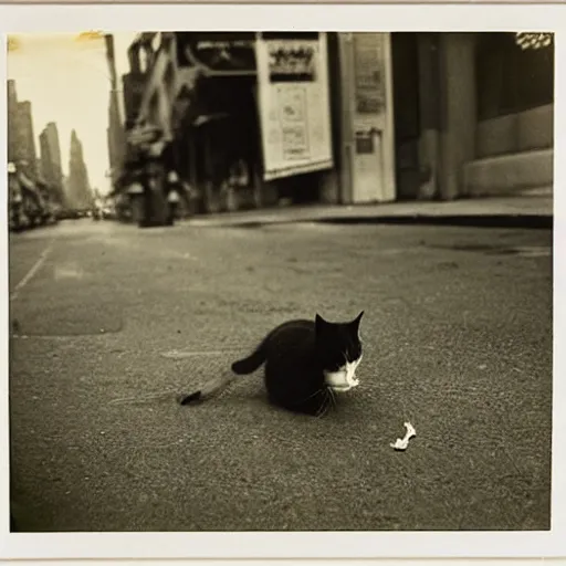 Image similar to wide-shot low-angle cat's eyesight photo of stray cat and a banana peel at the street in New York, polaroid photo, by Andy Warhol, signed