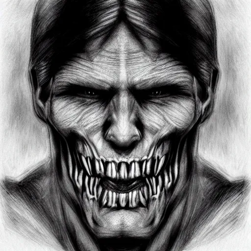 Image similar to Jerma985 with a cheek to cheek smile, sinister looking, evil intent, horror, uncanny, detailed, high resolution, sharpened, close-up, police sketch, wanted poster, pencil sketch, drawing, creepy, frightening