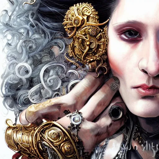 Image similar to portrait, headshot, insanely nice professional hair style, dramatic hair color, digital painting, of a old 17th century, old cyborg merchant, amber jewels, baroque, ornate clothing, scifi, realistic, hyperdetailed, chiaroscuro, concept art, art by Franz Hals and Jon Foster and Ayami Kojima and Amano and Karol Bak,