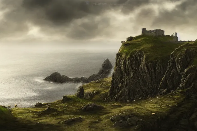 Image similar to 2 medieval warriors travelling on a cliff to a background castle , view of a coast line landscape , English coastline, Irish coastline, scottish coastline, perspective, folklore, King Arthur, Lord of the Rings, Game of Thrones. Photographic, Photography, photorealistic, concept art, Artstation trending , cinematic lighting, cinematic composition, rule of thirds , ultra-detailed, dusk sky , low contrast, natural lighting, fog, realistic, light fogged, detailed, atmosphere hyperrealistic , volumetric light, ultra photoreal, 35mm, Matte painting, movie concept art, hyper-detailed, insanely detailed, corona render, octane render, 8k