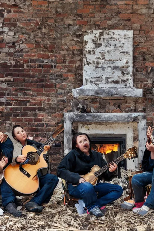 Image similar to Four stalkers sit with guitars by the fire near an abandoned brick house