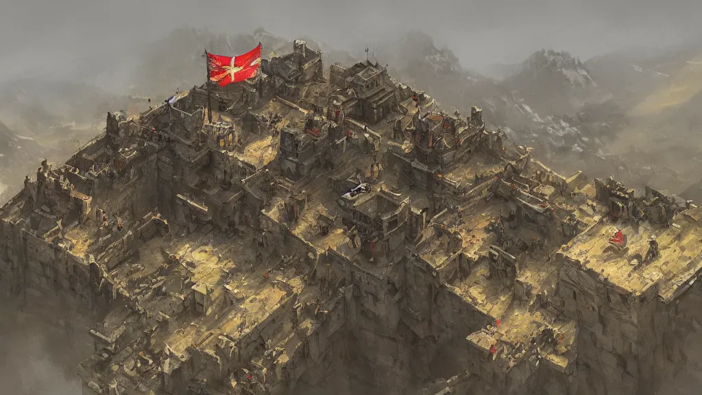 Image similar to top down view of fortified mountain bastion with flag banners, papyrus, watercolored, jakub rozalski, dark colours, dishonored, artstation