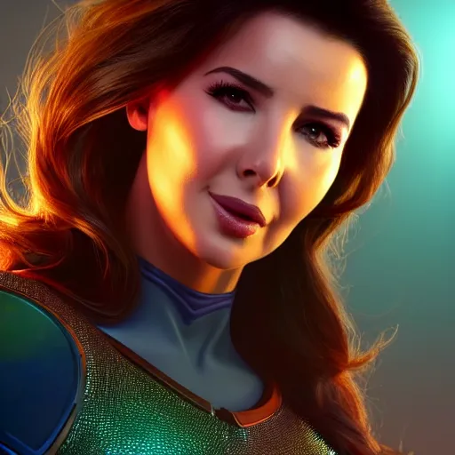 Image similar to a portrait of nancy ajram as thanos, the pixar adaptation, hyper detailed, digital art, trending in artstation, cinematic lighting, studio quality, smooth render, unreal engine 5 rendered, octane rendered