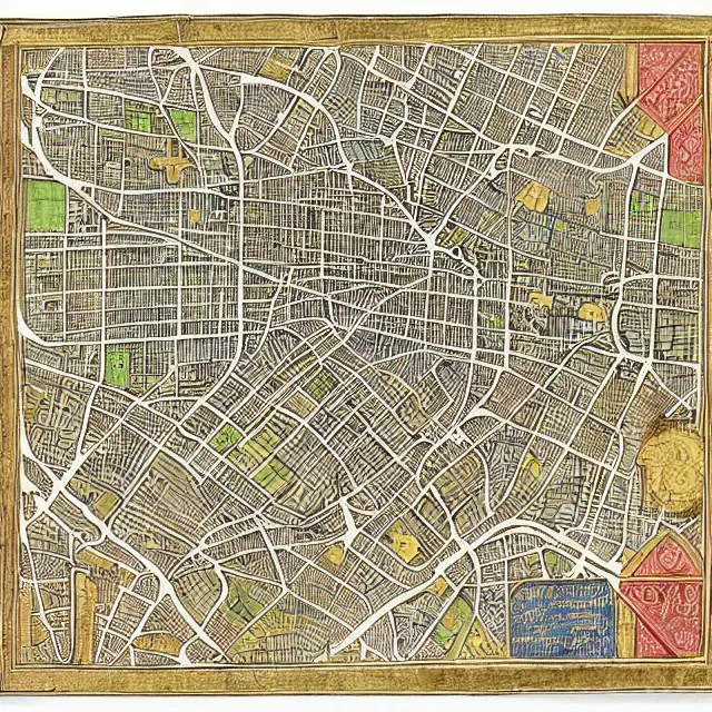 Image similar to medieval manuscript isometric map of london, detailed, illuminated illustration woodcut