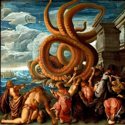 Prompt: giant octopus, Renaissance painting, highly detailed