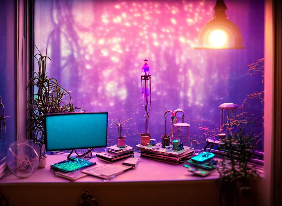 Image similar to telephoto 7 0 mm f / 2. 8 iso 2 0 0 photograph depicting the experience of dreamstate in a cosy cluttered french sci - fi ( art nouveau ) cyberpunk apartment in a pastel dreamstate art cinema style. ( iridescent terrarium, computer screens, window, leds, lamp, ( ( ( bed ) ) ) ), ambient light.