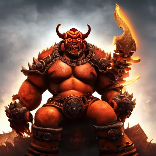 Image similar to Garrosh Hellscream from World of Warcraft sitting on a throne, 4k, hyperrealistic, focused, digital art, extreme details,unreal engine 5, cinematic, masterpiece