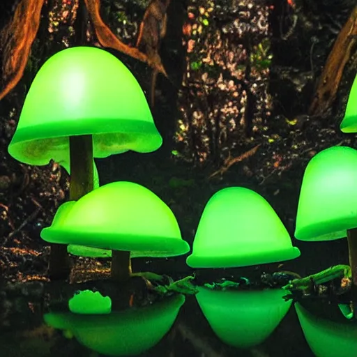 Prompt: bioluminescent jello mushrooms growing in the forest